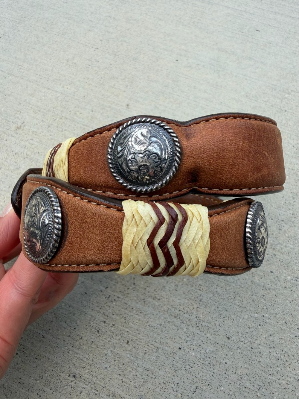 Kids Tony Lama Brown Leather Belt With Braided Details And Silver Conchos